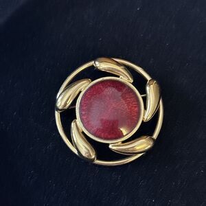 Vintage Beautiful Gold Tone Red Enameled Brooch Or Pendant MCM